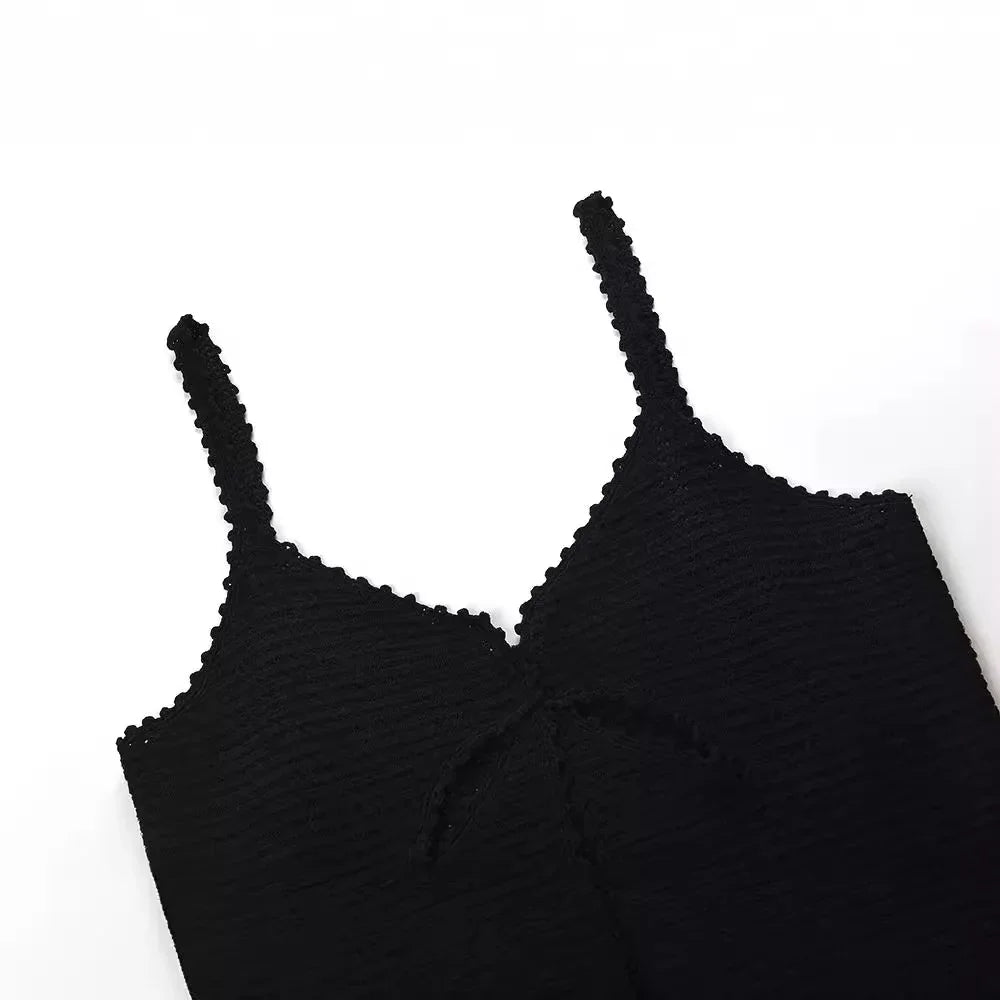 Black Spaghetti Strap Mermaid Dress Women's 2024 New Hollow Out Knitted Slim Mid-Calf Dresses