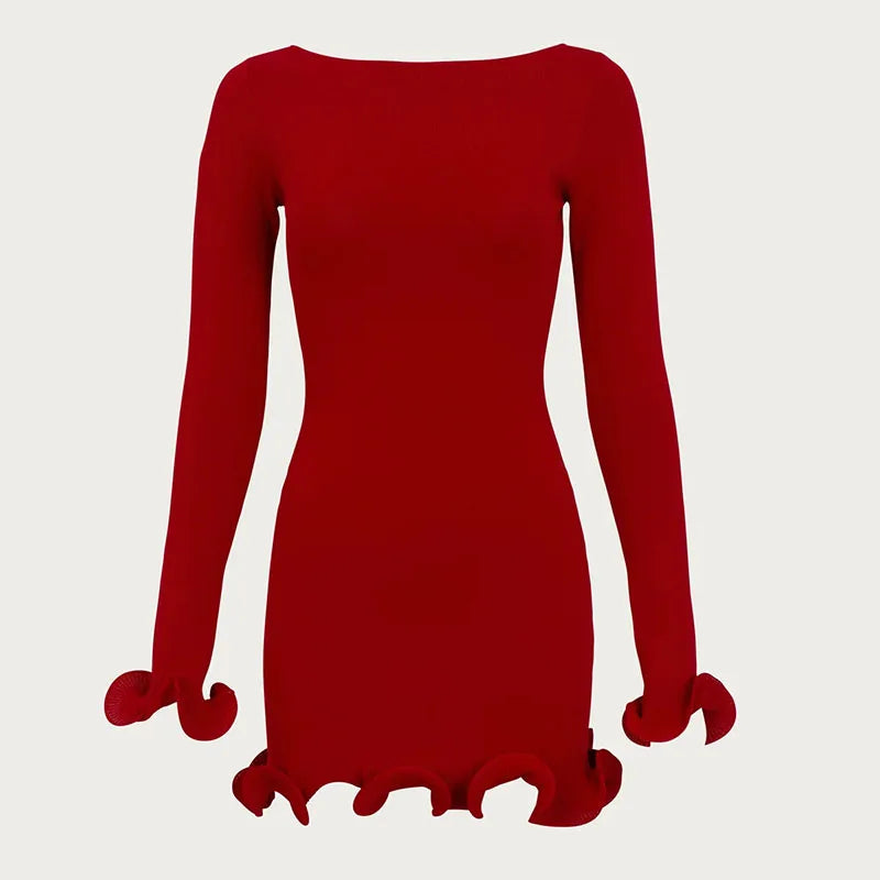 TARUXY Spring New Knitted Mini Dress For Women Fungus Contrast Color Slim Sweater Dress Elegant Female Party Clothes Long Sleeve