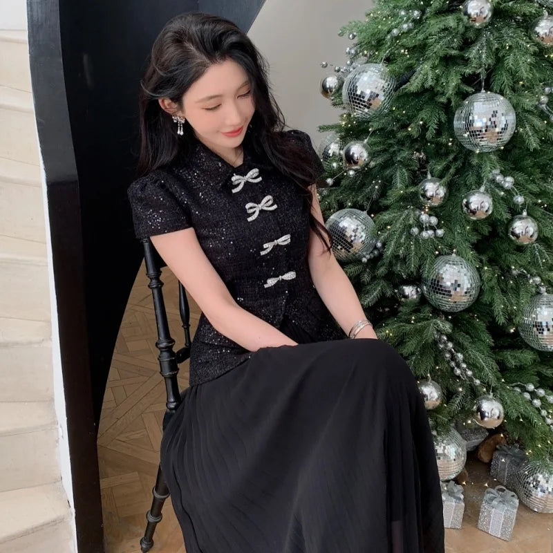 Luxury Tweed Dresses Women 2025 Summer Holiday Big Bow Crystal Fake 2 Piece Sets Sequins Chiffon Long Dress Party Vestidos Prom
