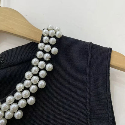 Black Knited Mini Dress Women 2025 Spring Neckline Pearls Elegant Sleeveless Female Dresses 5240364