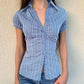 CIBBAR Black Striped Print Blouse Vintage 2000s Button Up Puff Short Sleeve Crop Top Women Korean Fashion T Shirt Streetwear y2k