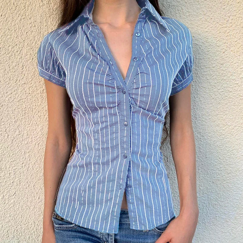 CIBBAR Black Striped Print Blouse Vintage 2000s Button Up Puff Short Sleeve Crop Top Women Korean Fashion T Shirt Streetwear y2k