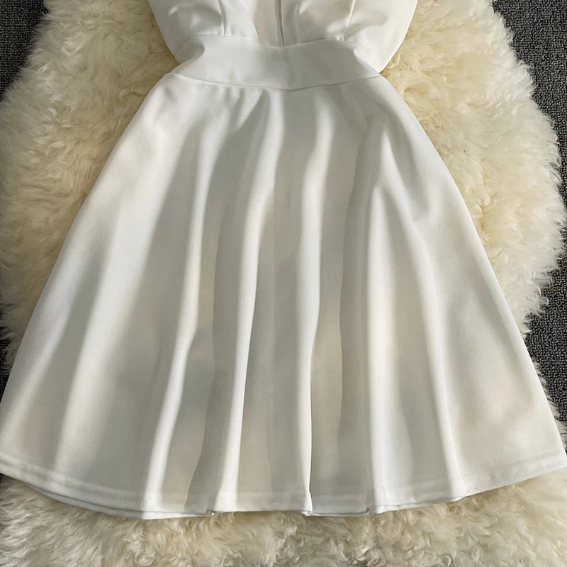Women Black White Ruffled One Shoulder Sleeveless Mini Dress Strapless Mesh Patchwork High Waist A-line Party Dress Vestidos