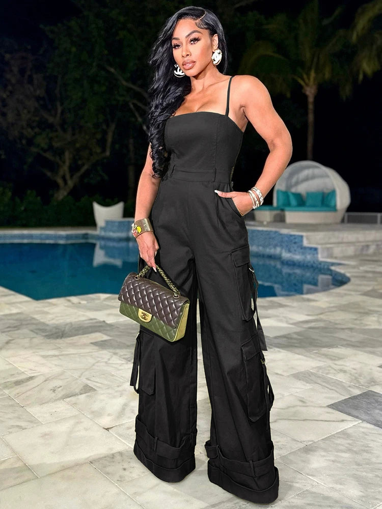 Fashion Multi Pocket Cargo Pants Wide Leg Jumpsuit Rompers Women Khaki Spaghetti Strap Backless One Piece Overalls Streetwear
