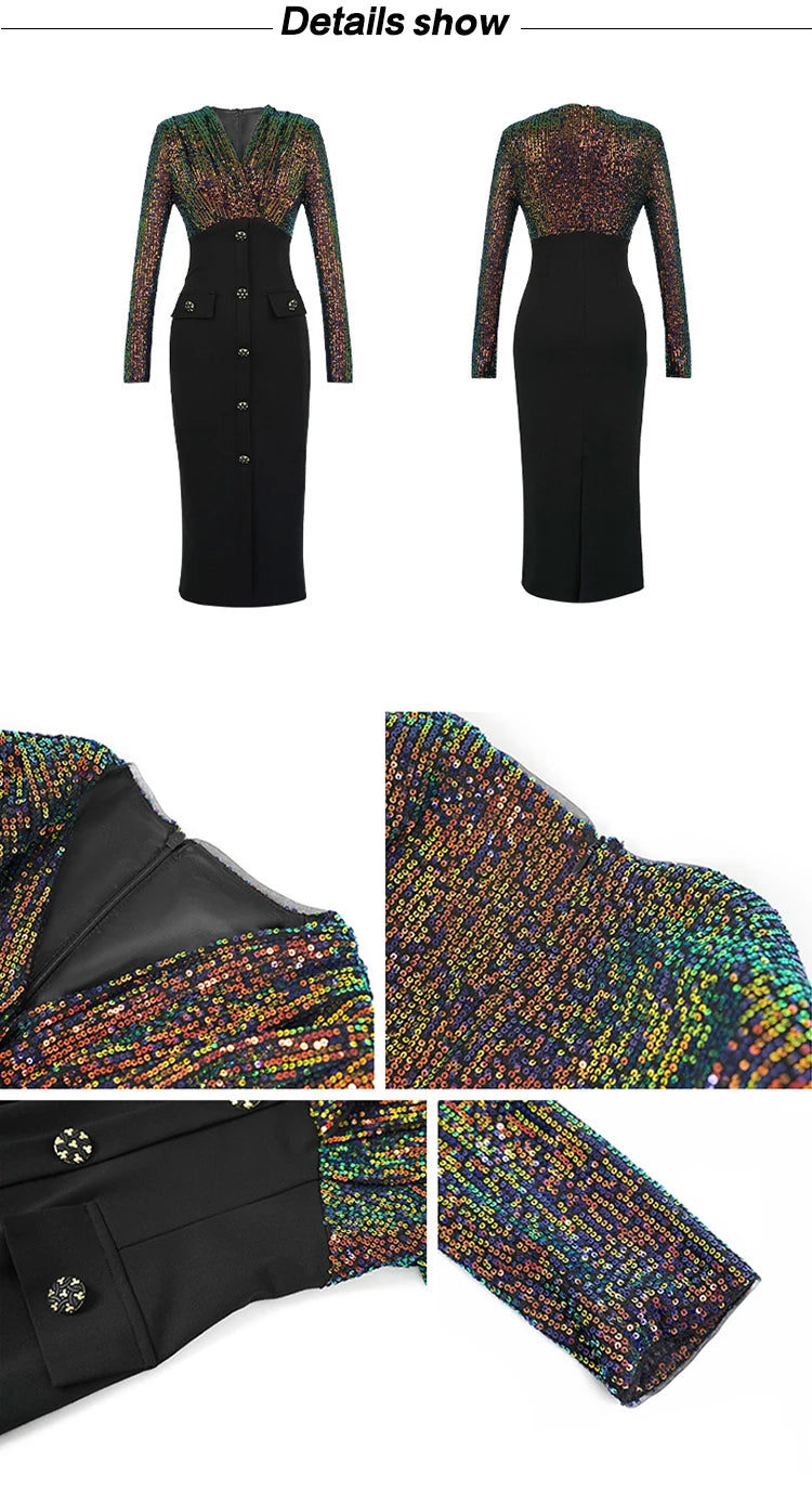 Luxury Elegant Annual Party Dress Women French Colorful Sequins Black Bodycon Single Breasted Robe Femme Banquet Prom Vestidos