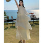Vintage Women Beige Elegant Off Shoulder Evening Party Dress Summer Sleeveless Vacation Pleated Halter Cake Long Sundress Simple