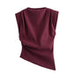 TRAFZA Vintage Chic Women Solid Asymmetric O-Neck Zipper Sleeveless Cross Folds Top Fashion 2025 Streetwear Padded Shoulder Top