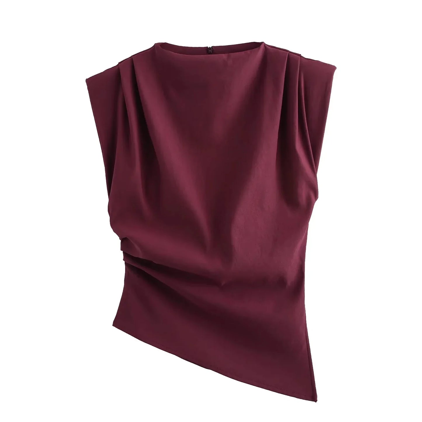 TRAFZA Vintage Chic Women Solid Asymmetric O-Neck Zipper Sleeveless Cross Folds Top Fashion 2025 Streetwear Padded Shoulder Top