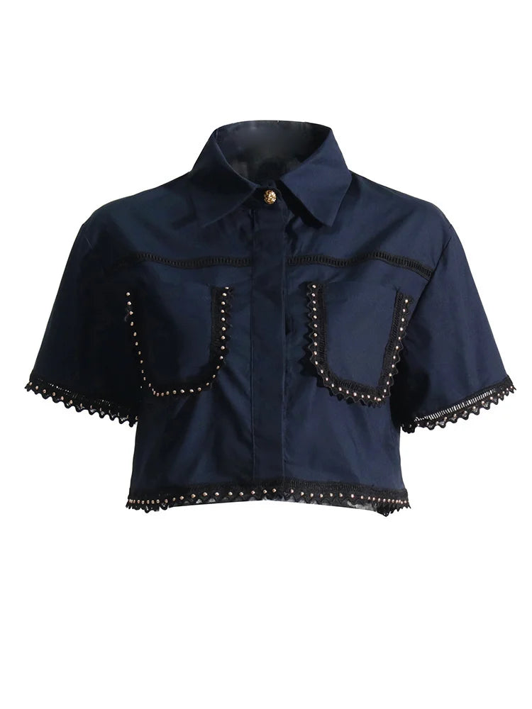 GALCAUR Elegant Two Piece Sets For Women Lapel Short Sleeve Tops High Waist A Line Pleated Skirts Solid Set Female Summer 2023
