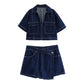 TRAFZA Summer Women Suits Denim Blue Turn-Down Collar Short Sleeves Pocket Decoration Shirts+Mid Waist Asymmetrical Shorts