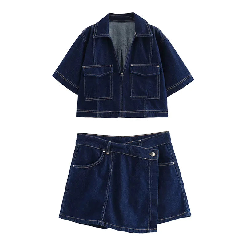 TRAFZA Summer Women Suits Denim Blue Turn-Down Collar Short Sleeves Pocket Decoration Shirts+Mid Waist Asymmetrical Shorts