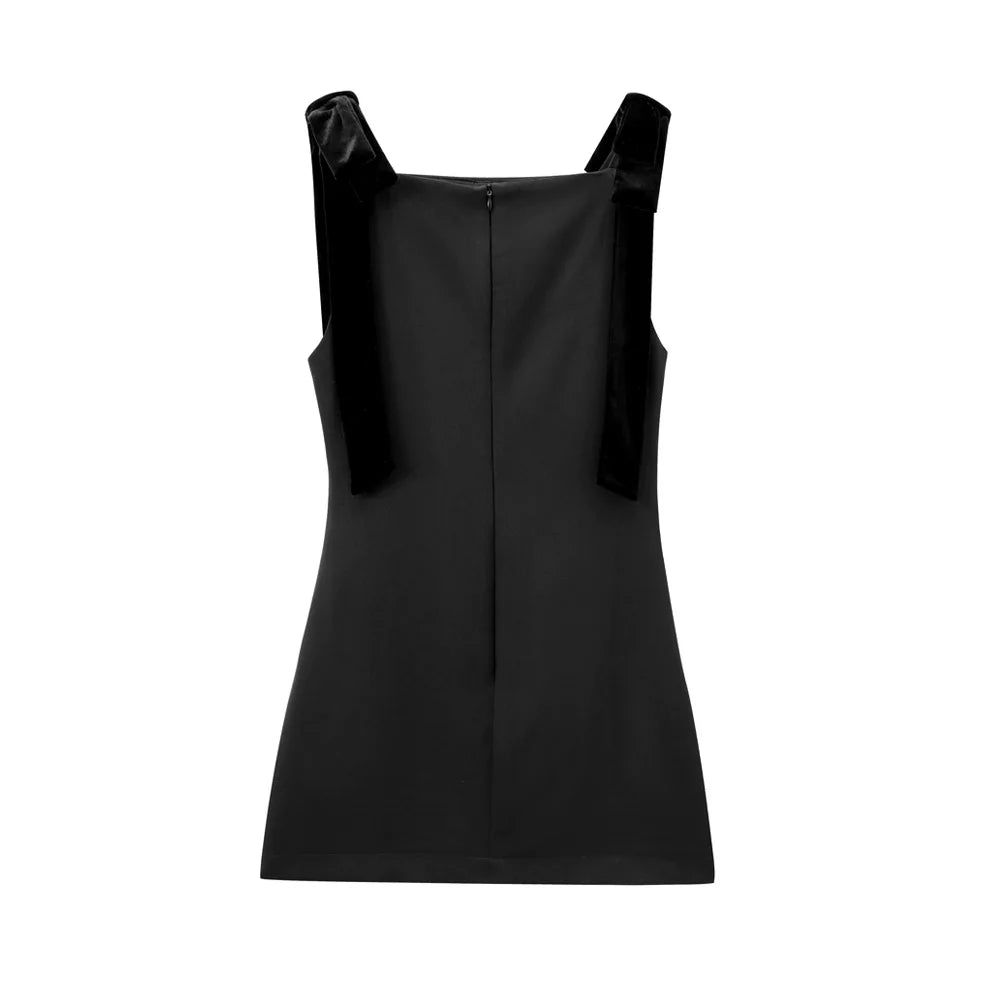 TRZA-Women's Contrast Velvet Bow Mini Dress, Straight Neck, Back Zipper, Female Dresses, Sexy Fashion