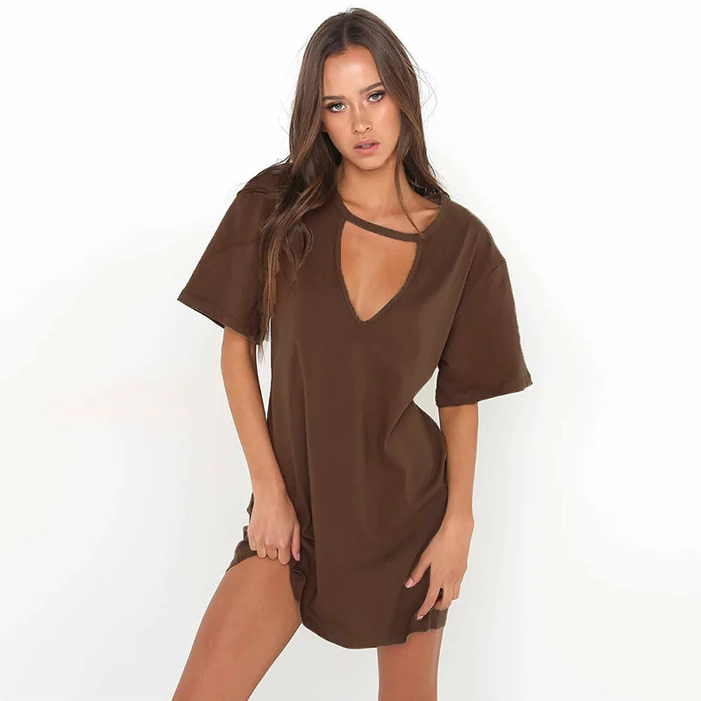 Summer Sexy Mini Black Dress 2025 V Neck Cut Out Loose Dress Women Elegant Short Sleeve Club Party Dress Solid Color Streetwear