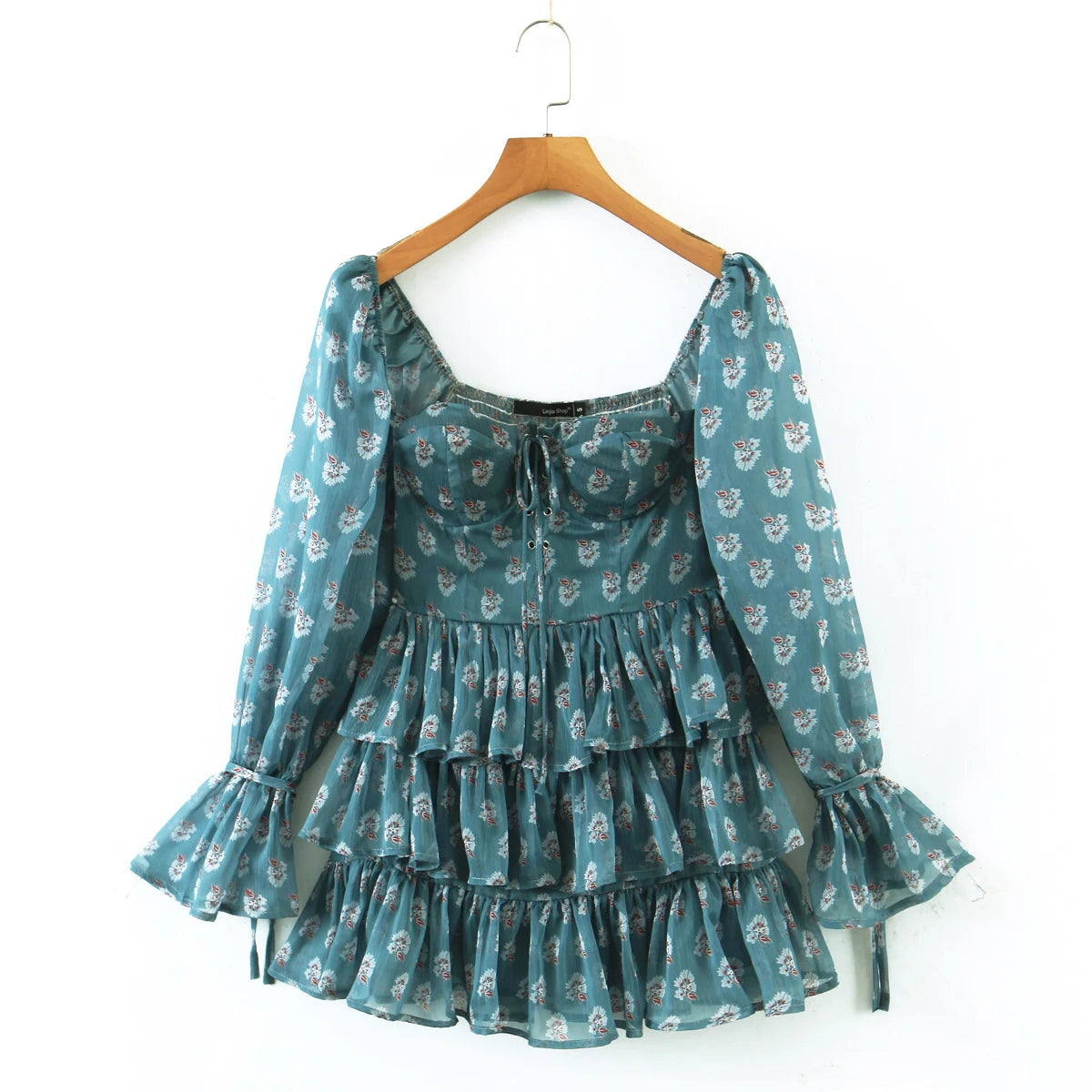 2022 Women Sexy Cross Bandage Black Flower Print Puff Long Sleeve Dress 3 layer Wood Ears Ruffles Hem Cake Mini Holiday Robe