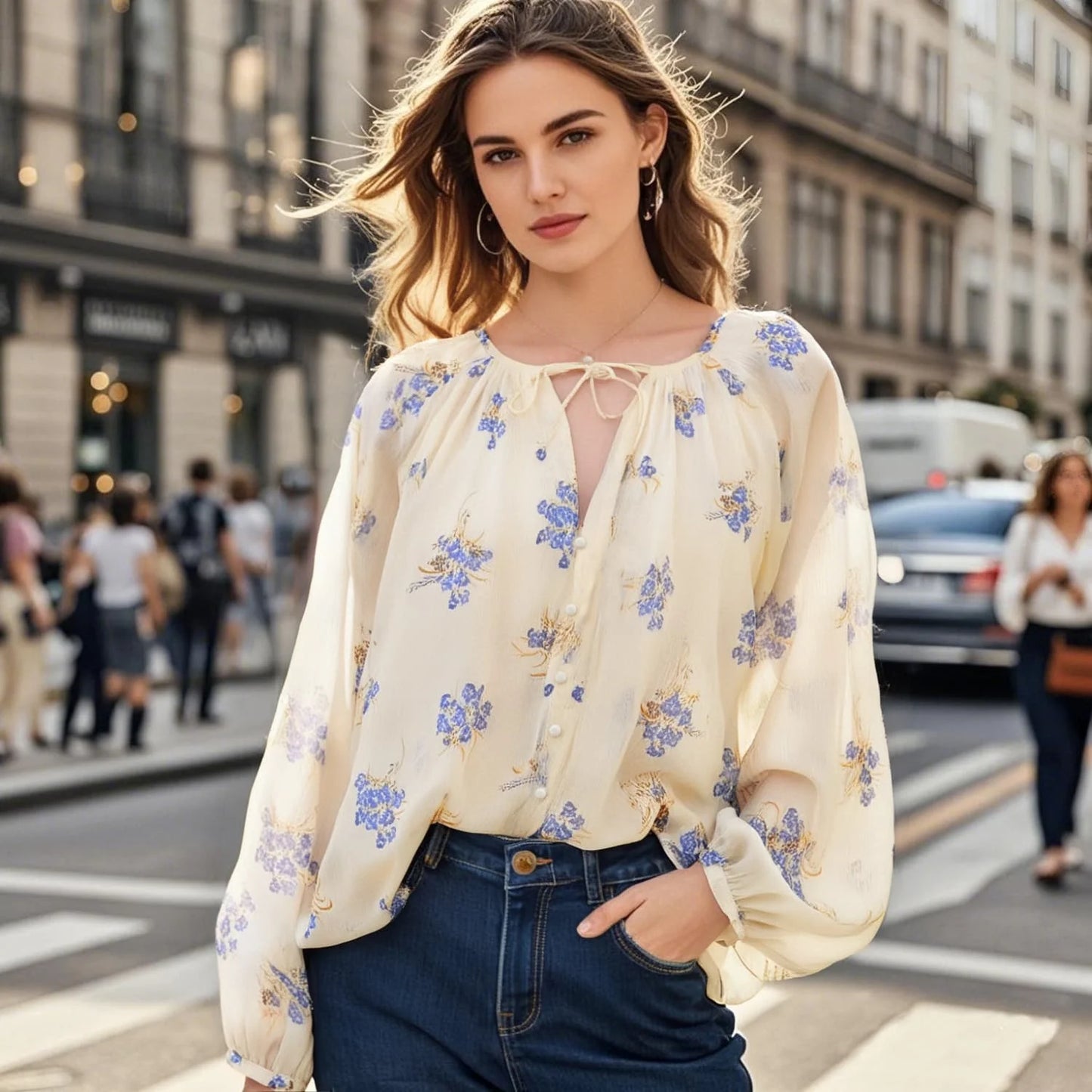 PB&ZA Women's Blouse Off - the - Shoulder Design with Floral Print Puff Sleeves and Front Button - down for a Feminine Look
