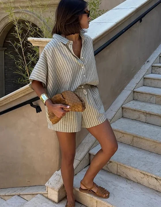 Women Casual Striped Cotton Linen Loose Shirt Shorts Suits Fashion Lapel Half Sleeves Elastic Waisted Shorts Summer Lady Outfits