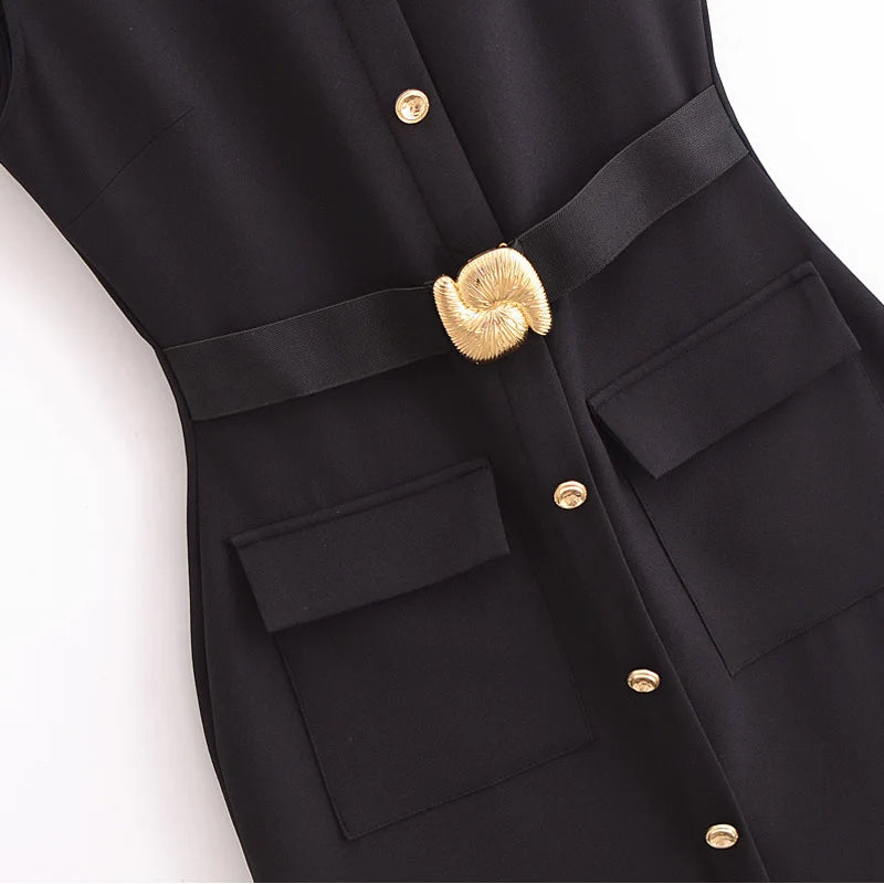 TRAF Women's Black Dress Summer 2025 Sleeveless Elegant Formal Dresses For Women Belt Vest Long Dress Button Casual Dresses