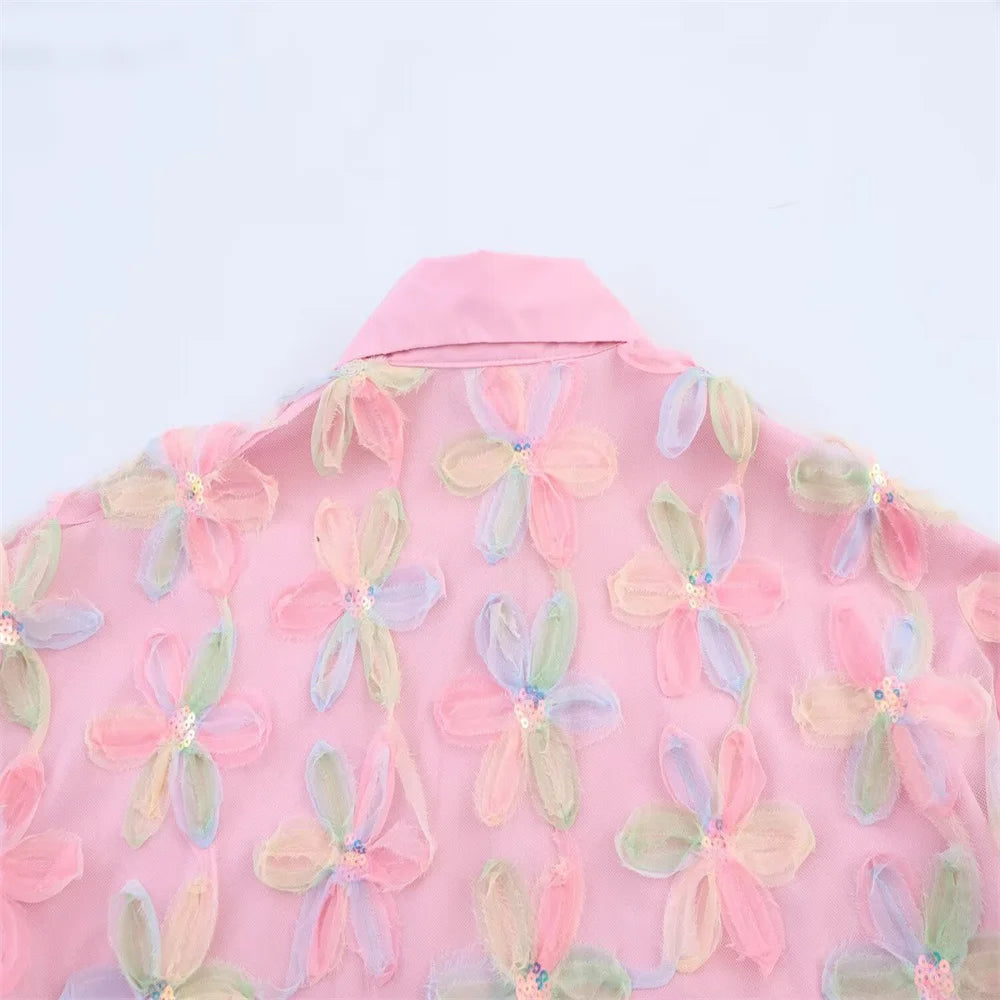 PB&ZA 2025 Women's Pink Short - length Blouse with Colorful Floral Embroidery Puff Sleeves and Collar for a Sweet Look