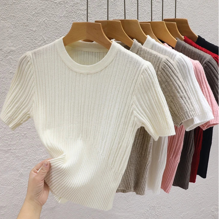 2025 Summer T shirts for Women Casual Female Korean Knit Streetwear Tees Basic Solid Young Cool Tops
