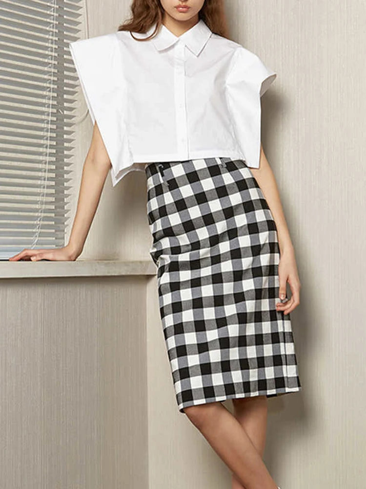TWOTWINSTYLE Solid Patchwork Button Shirts For Women Lapel Batwing Sleeve Short Length Slim Blouse Female Fashion Clothing New