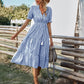 Women's Causal Striped Tassel Medium Long Dress V Neck Button Short Sleeve Spring Summer Dress