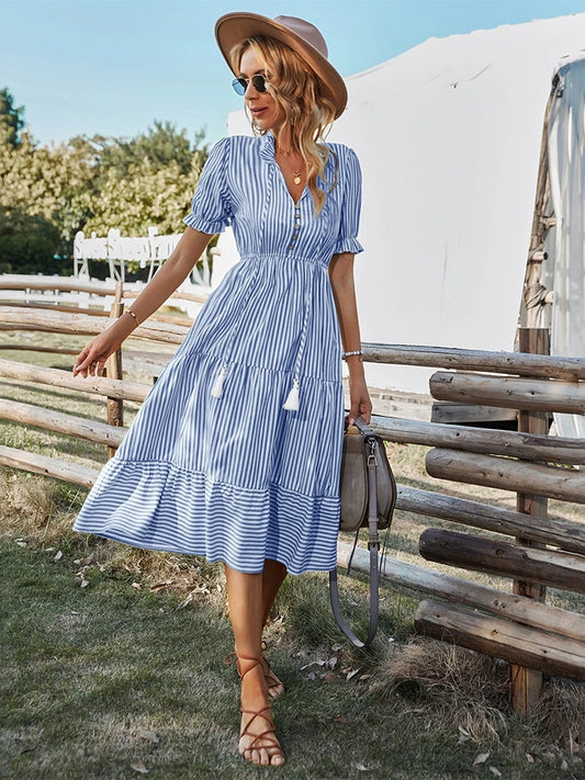 Women's Causal Striped Tassel Medium Long Dress V Neck Button Short Sleeve Spring Summer Dress
