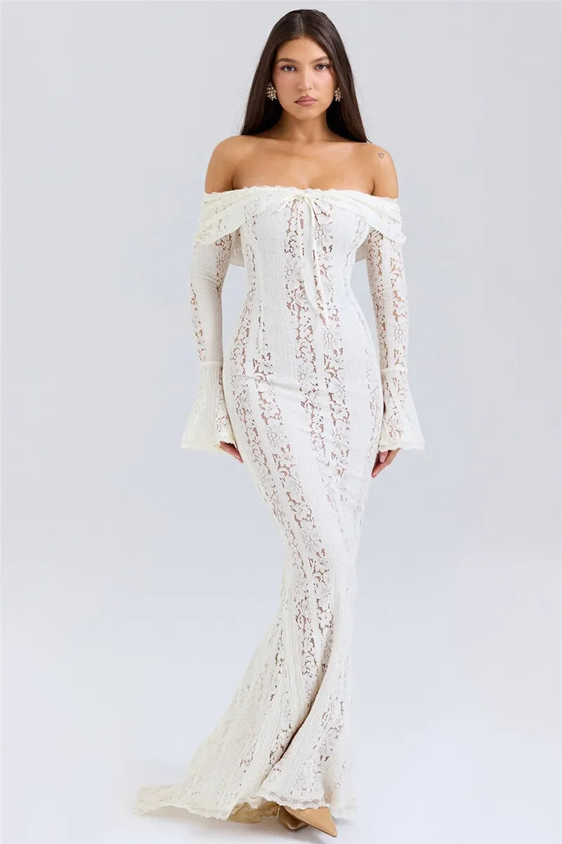 Oligai Winter Lace Long Sleeve Evening Party Dresses Women 2025 Black Sexy Elegant Maxi Dress Fashion Long Wedding Guest Dress