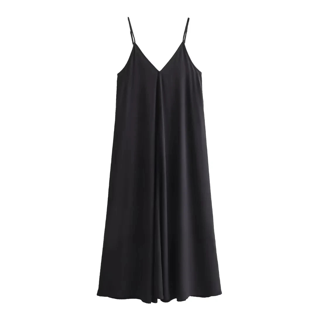 TRAF Slip Dress Women 2024 Summer Women's Loose Dresses Sleeveless Thin Straps Black Long Dresses Backless Beach Holiday Dresses