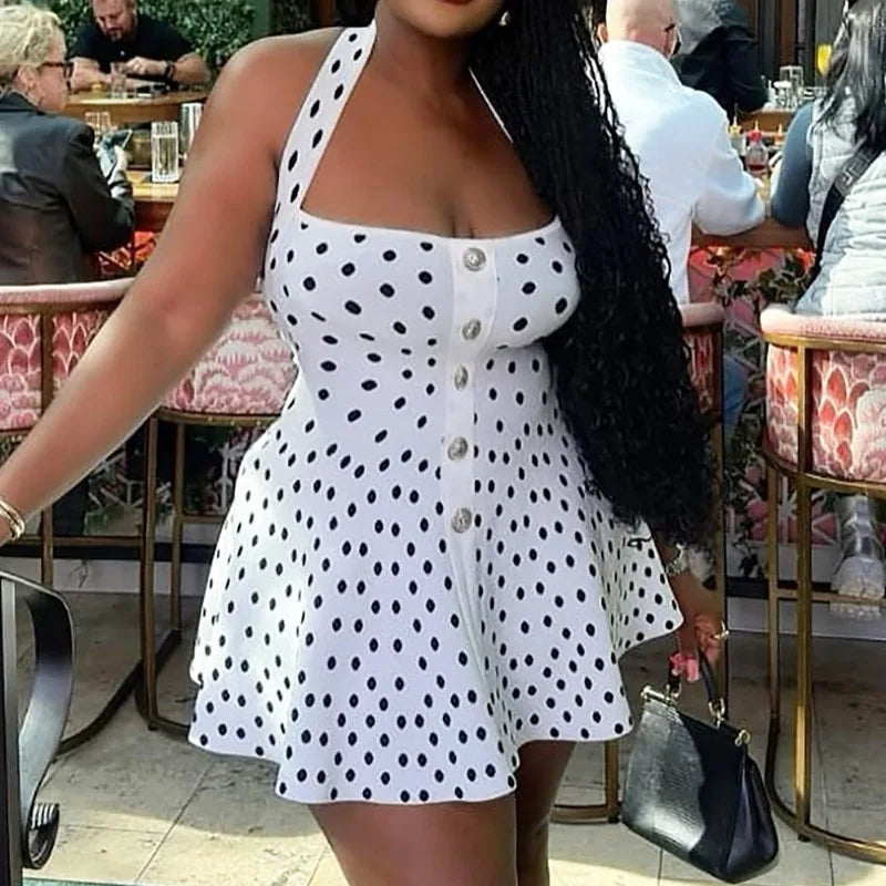 Tuularose Knit Backless Short Dress Women's High Waist Sleeveless Polka Dot Neck Dress Elegant Vintage Party Evening Dress 2025