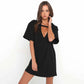 Summer Sexy Mini Black Dress 2025 V Neck Cut Out Loose Dress Women Elegant Short Sleeve Club Party Dress Solid Color Streetwear