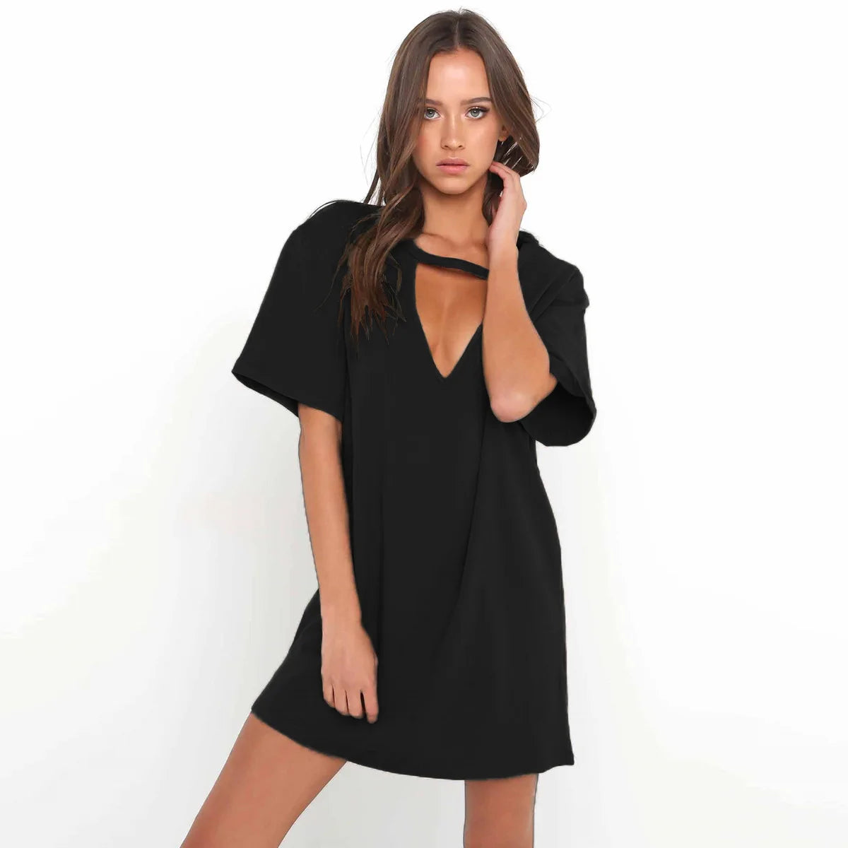 Summer Sexy Mini Black Dress 2025 V Neck Cut Out Loose Dress Women Elegant Short Sleeve Club Party Dress Solid Color Streetwear