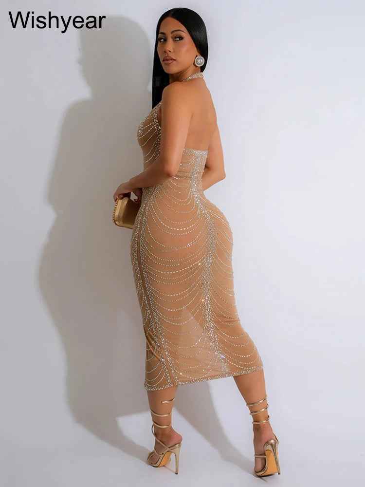 New Sexy Diamonds Halter Black Party Bodycon Midi Dress Women Sleeveless Backless Front Split Birthday Night Prom Club Vestidos