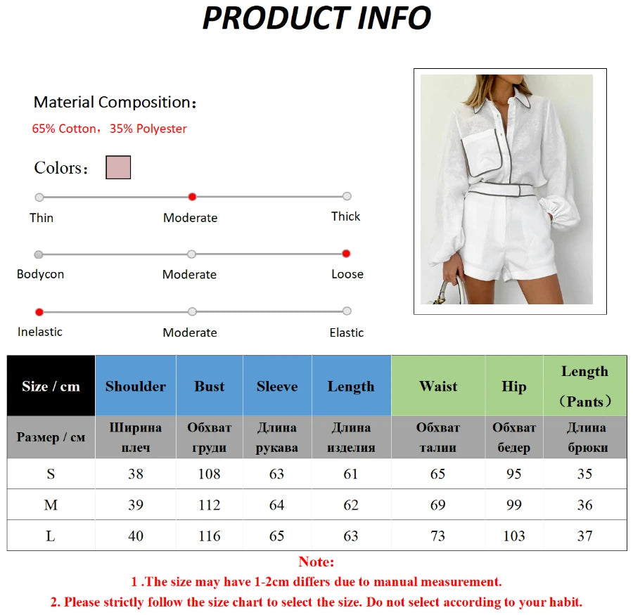 Bornladies 100% Cotton Casual Fashion Long Sleeve Set Summer Women's Pocket Black White Chic Shirt Shorts Loose Two-piece Set