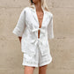 TARUXY Fashion White Cotton Linen Hollow Out Lace Up Top And Short Pants Suit Women's Loose Top Casual Splice Sets Lady Summer