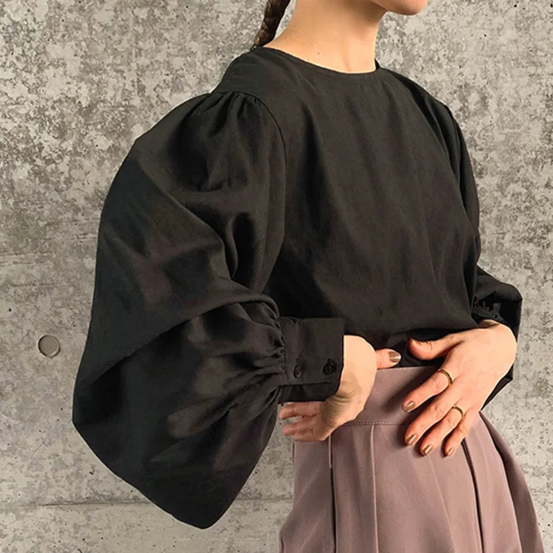 Japan Style Office Lady Elegant Vintage Blouse Women O-neck Loose Lantern Sleeve Shirts Solid All-amtch Blusas Autumn Ladies Top