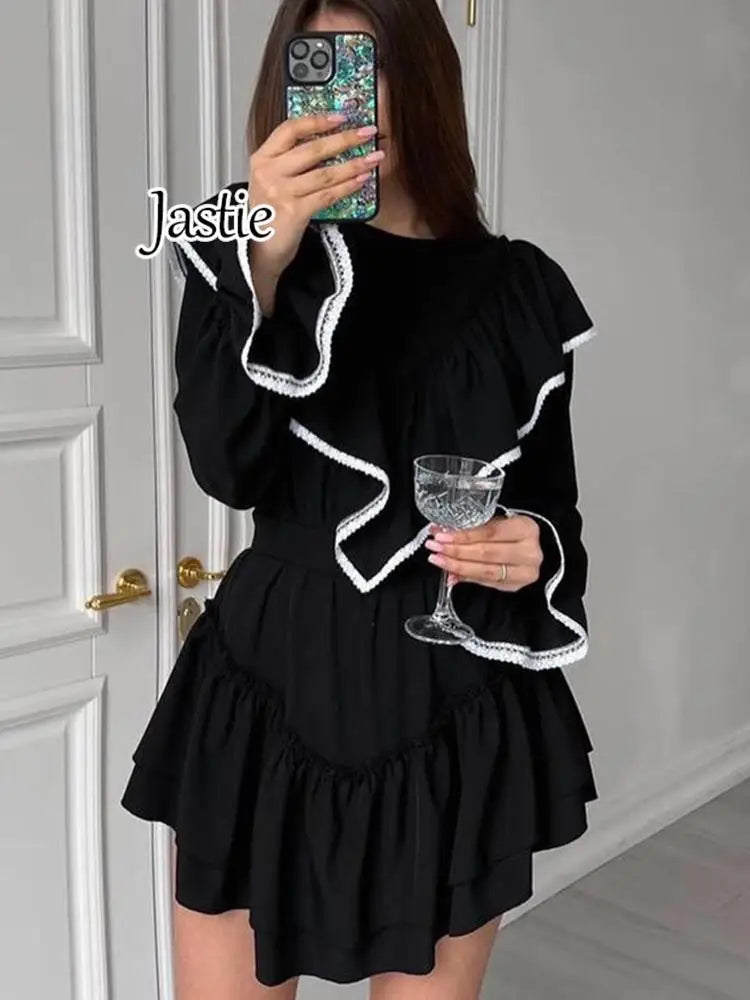 Jastie 2023 Autumn New Women's Dress Round Neck Long Bell Sleeve Ruffle Dresses Women's Temperament Design Short Black Dress