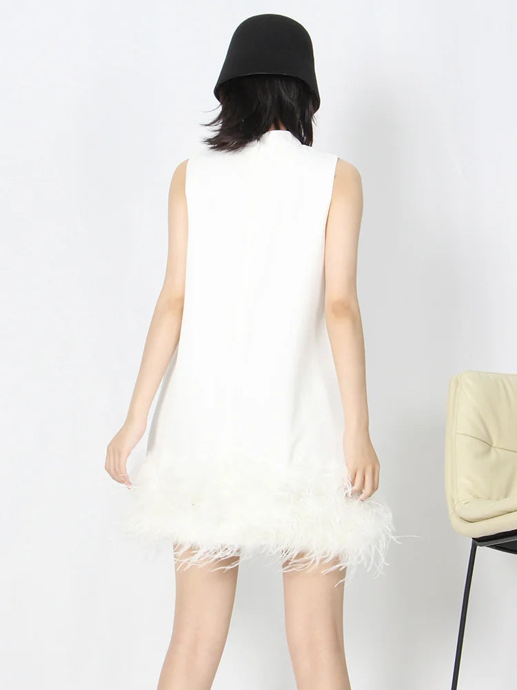 TWOTWINSTYLE Feather Fur Dress For Women O Neck Sleeveless Loose Tassel A Line Dresses Female Streetwear 2022 Summer Fashion New
