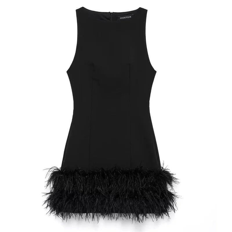 TRAF Women's Dress Feathers Sleeveless Mini Dress Elegant Black Short Dresses Bodycon Party Dresses Woman Vest Christmas Dress