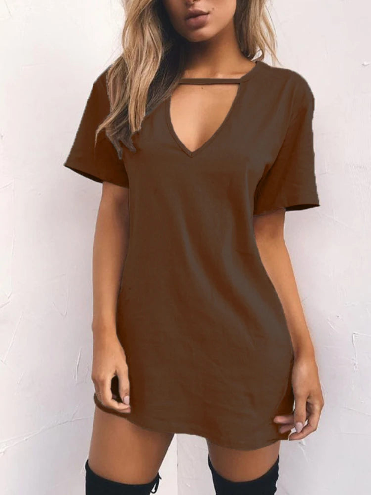 Summer Sexy Mini Black Dress 2025 V Neck Cut Out Loose Dress Women Elegant Short Sleeve Club Party Dress Solid Color Streetwear