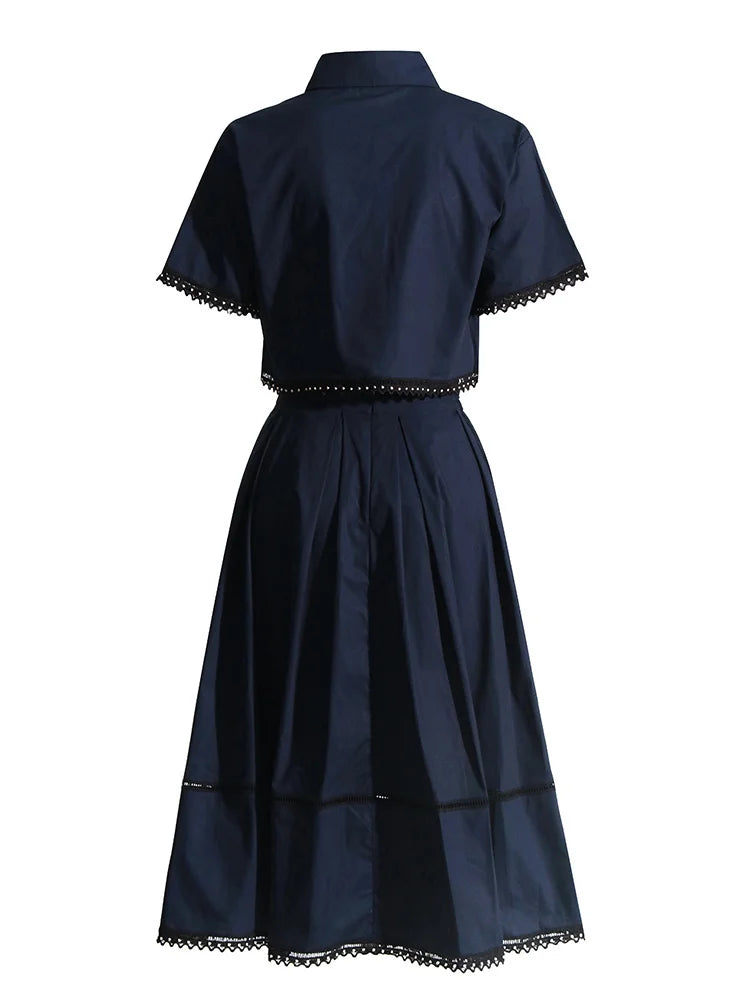 GALCAUR Elegant Two Piece Sets For Women Lapel Short Sleeve Tops High Waist A Line Pleated Skirts Solid Set Female Summer 2023