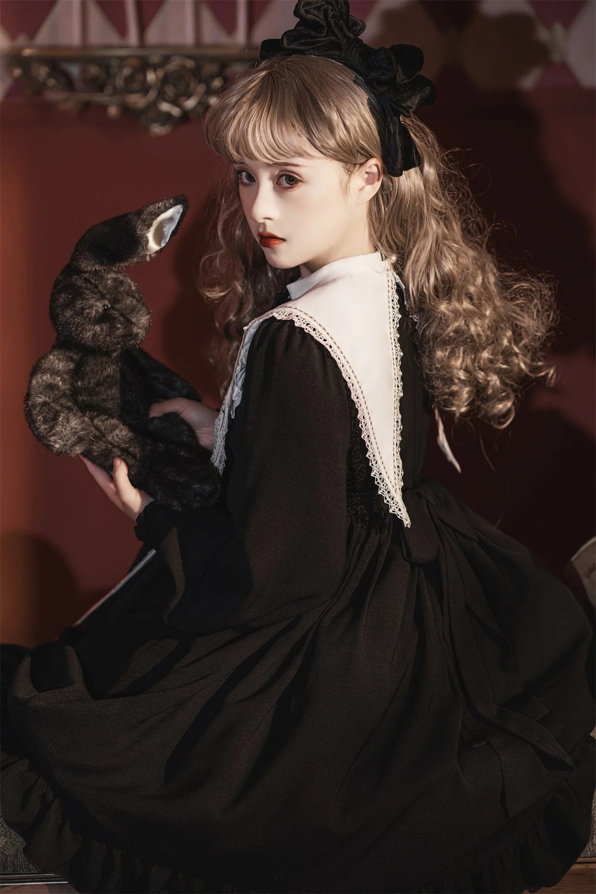 Contract Color Lolita Dress for Women Gothic Style Dark Girl Japanese Retro Op Dress Autumn and Winter Long Sleeve Black Dress