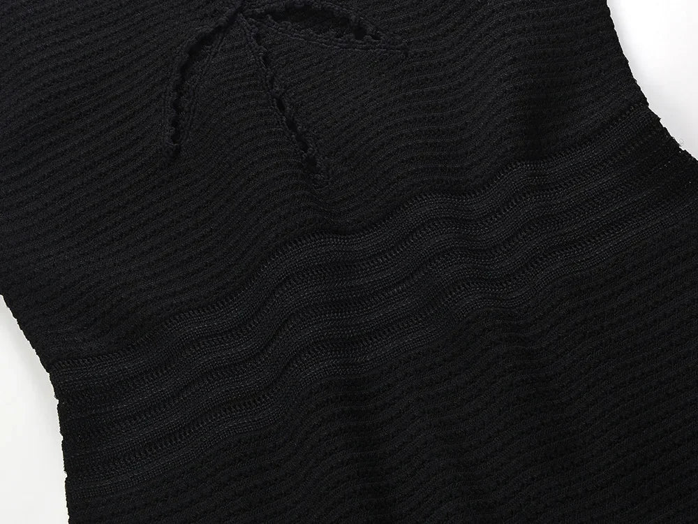 Black Spaghetti Strap Mermaid Dress Women's 2024 New Hollow Out Knitted Slim Mid-Calf Dresses