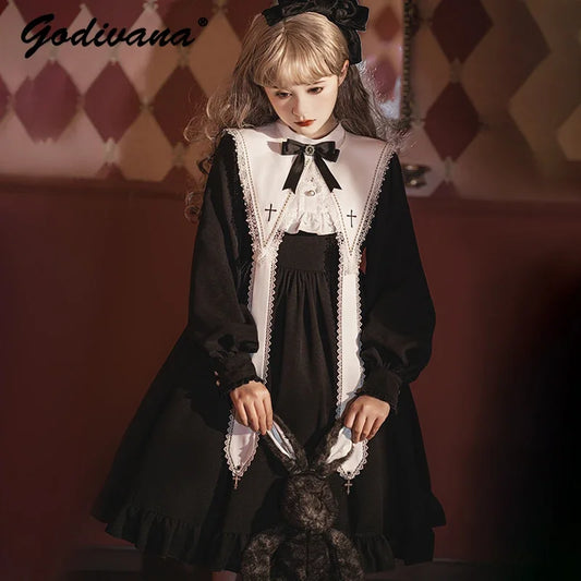 Contract Color Lolita Dress for Women Gothic Style Dark Girl Japanese Retro Op Dress Autumn and Winter Long Sleeve Black Dress