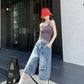 American Style Retro Street Women's Mid-Length Jeans Graffiti Design Loose Straight Cut Shorts Casual Fashionable Denim Shorts