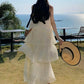 Vintage Women Beige Elegant Off Shoulder Evening Party Dress Summer Sleeveless Vacation Pleated Halter Cake Long Sundress Simple