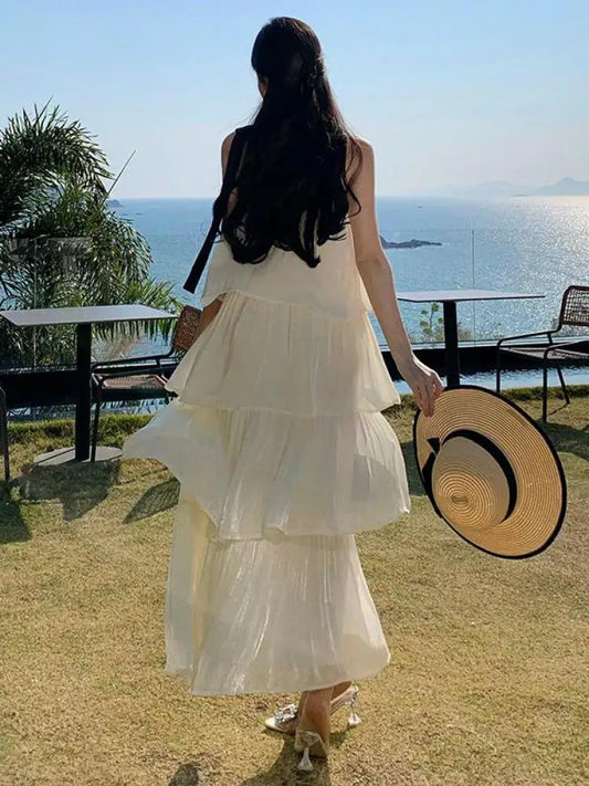 Vintage Women Beige Elegant Off Shoulder Evening Party Dress Summer Sleeveless Vacation Pleated Halter Cake Long Sundress Simple