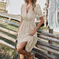 Women's Causal Striped Tassel Medium Long Dress V Neck Button Short Sleeve Spring Summer Dress