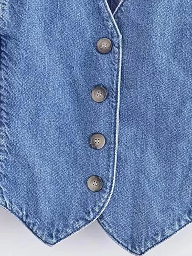 TRZA Women Fashion Front Button Denim Waistcoat Vintage V Neck Sleeveless Female Outerwear Chic Vest Tops