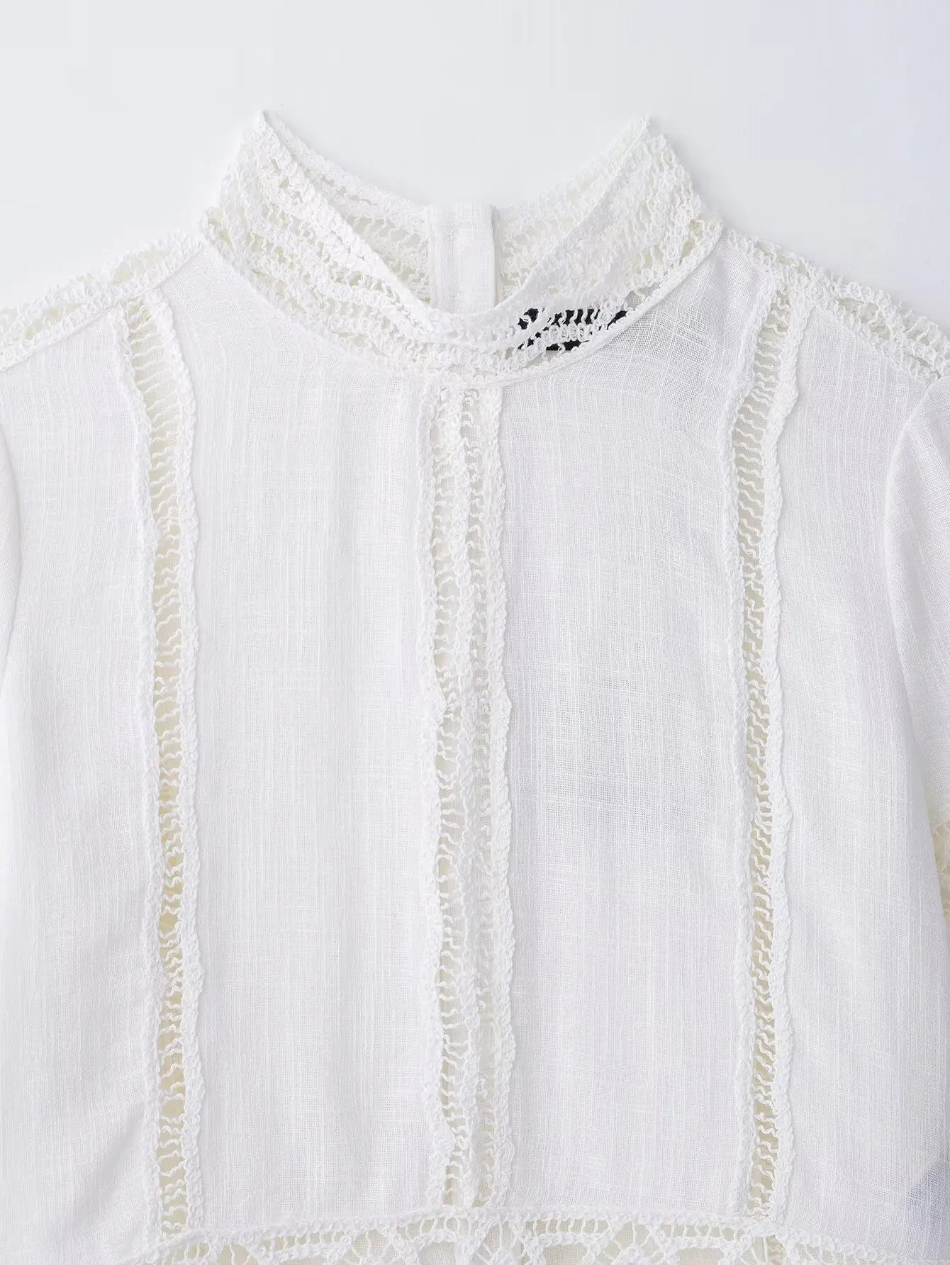 TRAFZA Women Fashion O-Neck Crocheting Details White Skirt Suit Short-sleeve Blouse+Side Zipper White Pleated Midi Se Long Skirt