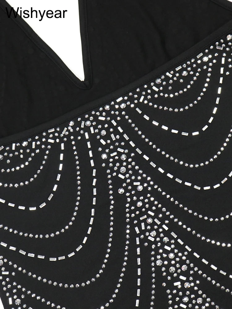 New Sexy Diamonds Halter Black Party Bodycon Midi Dress Women Sleeveless Backless Front Split Birthday Night Prom Club Vestidos